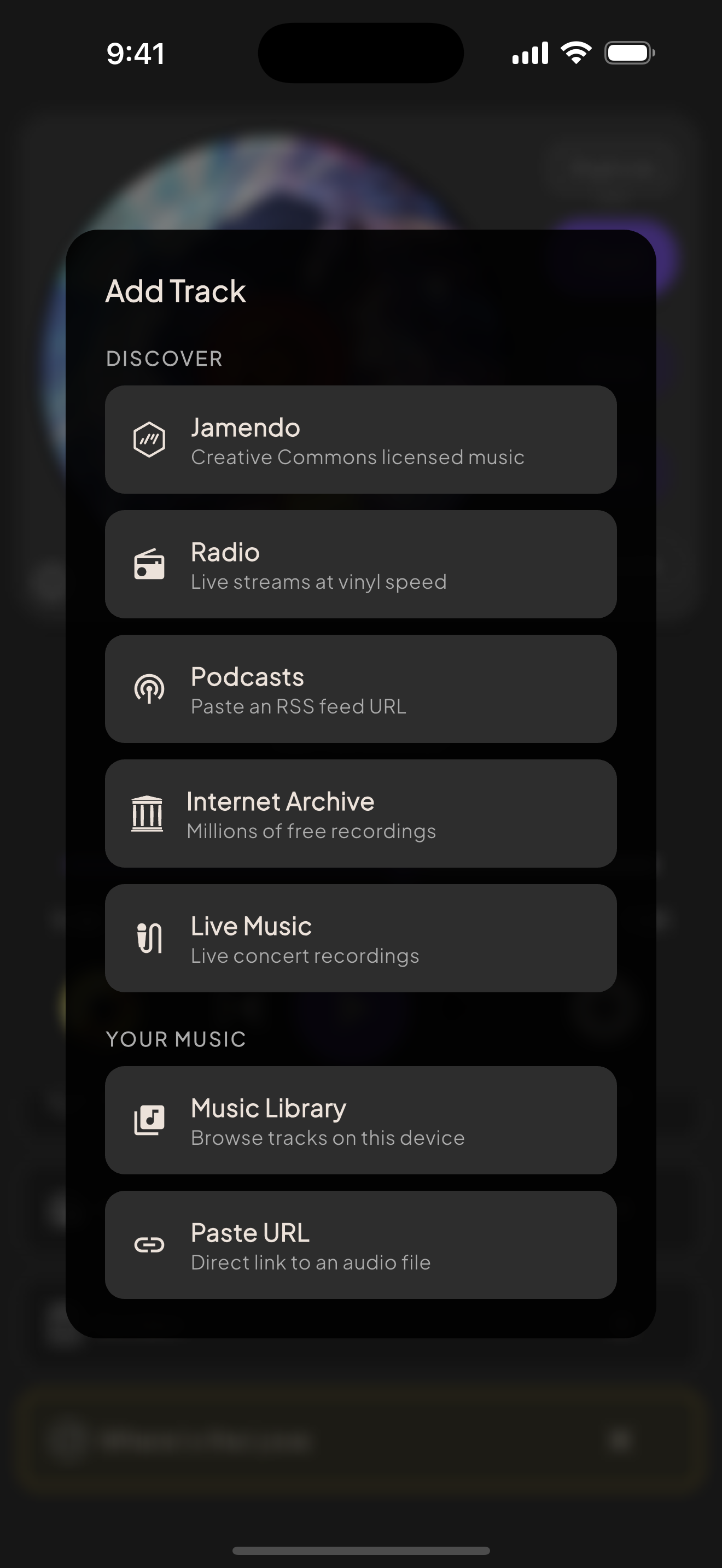 Vinylcore's Add Track screen — add music from Jamendo, internet radio, podcasts, the Internet Archive, live concert recordings, your music library, or by pasting a link.